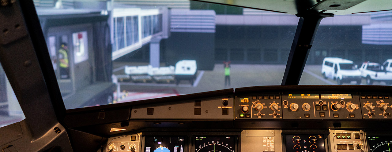 View into the cockpit of an aircraft simulator