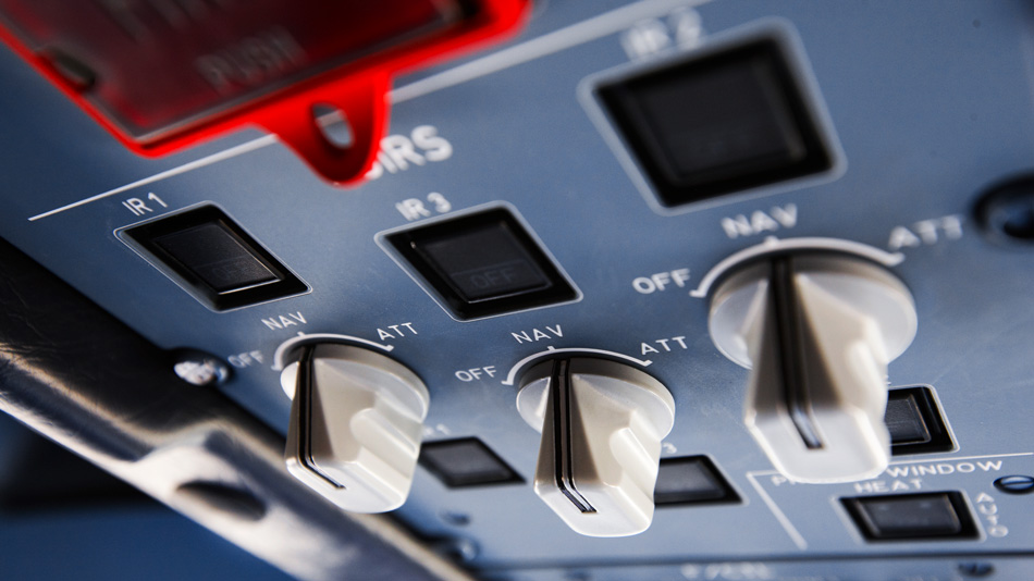 Close-up of control instruments in an aircraft cockpit