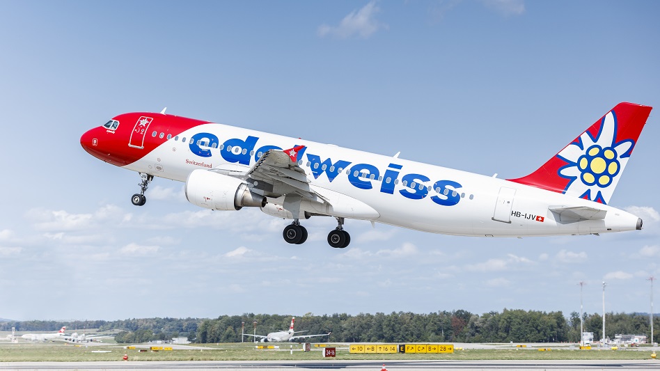 An aircraft of Edelweiss Airline is taking off.